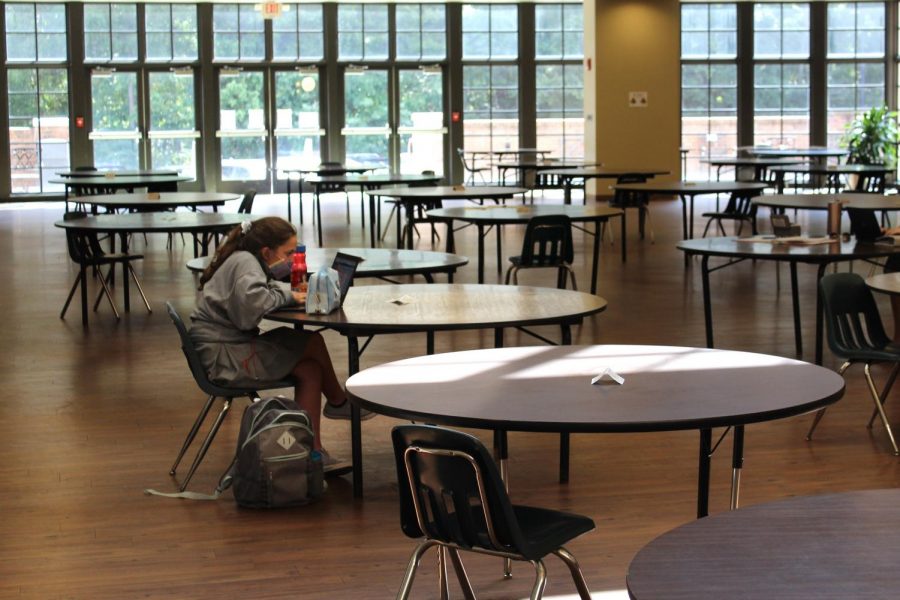 CQ Gintz sitting in the Hutchison dining hall during COVID19 pandemic being used during study hall. 